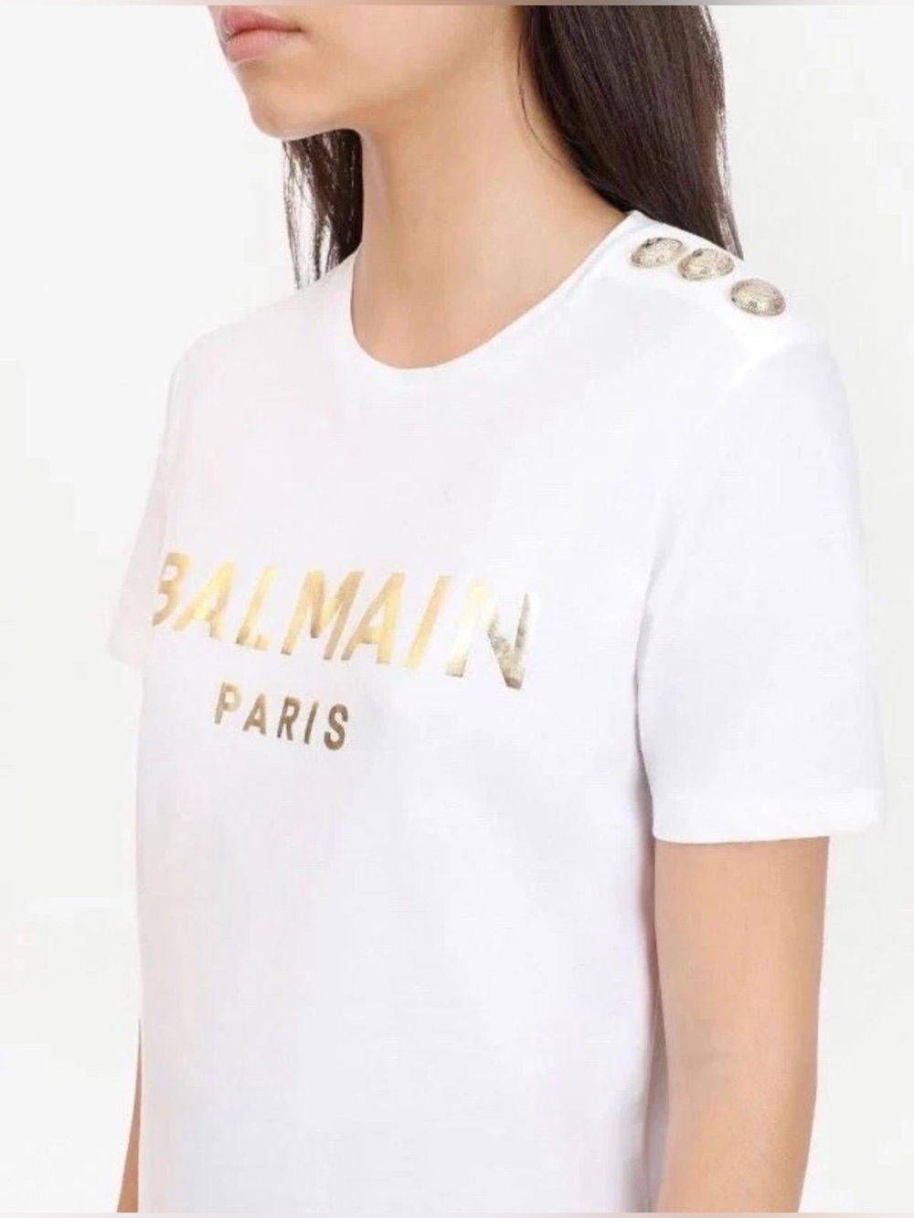 Balmain White Tee with Gold Logo and Decorative Shoulder Buttons